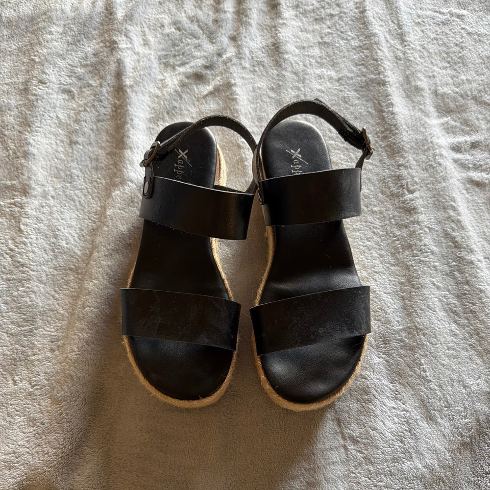 Xappeal Black Espadrille Platform Sandals Women's Size 8 Ankle Strap - E354